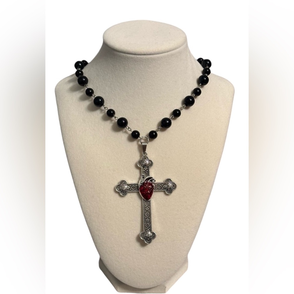 Black Beaded Choker Necklace Adjustable Silver Cross With Heart Goth Large Big